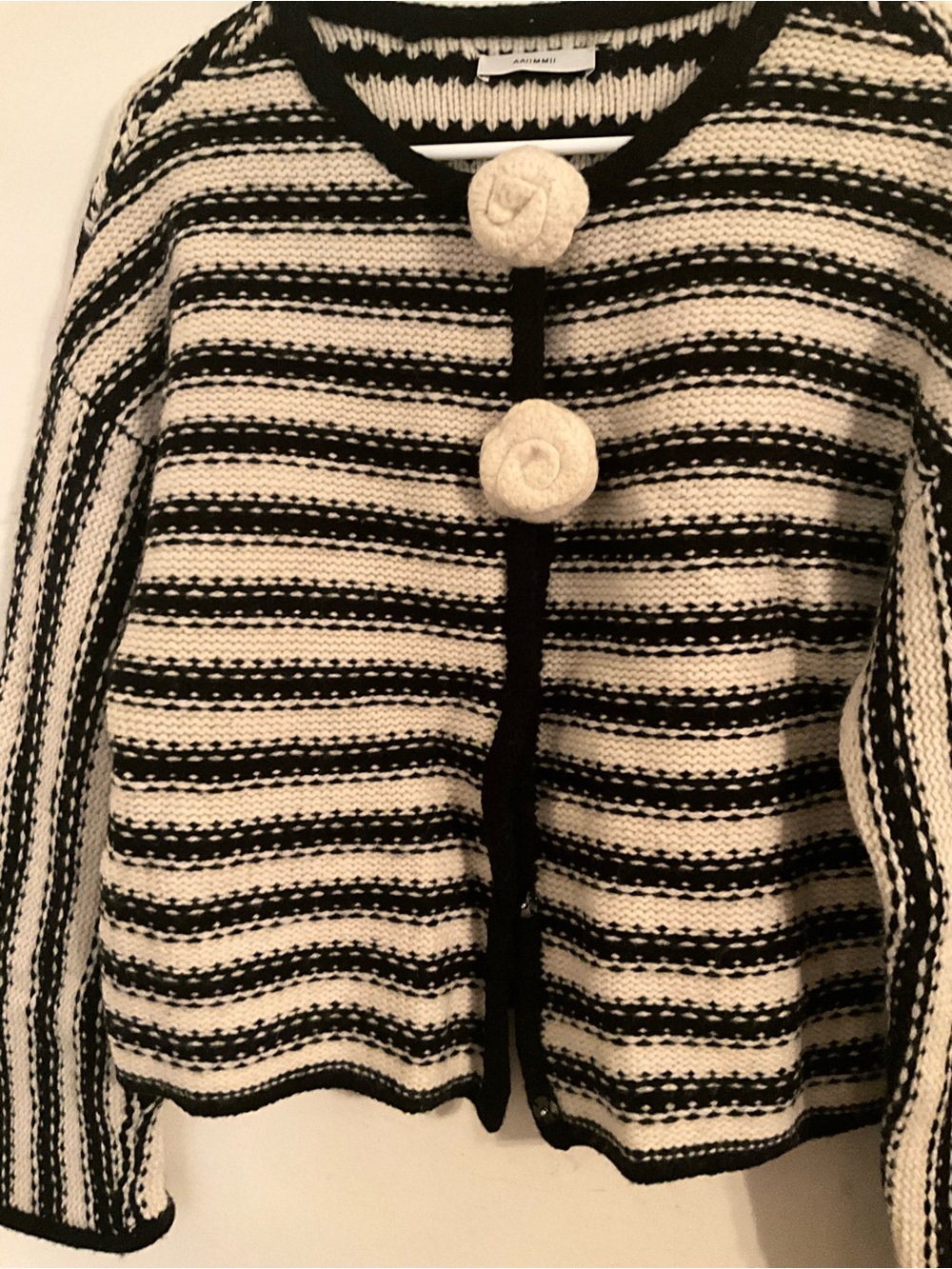 Black and Cream Striped Knit Cardigan with Floral Buttons channel style